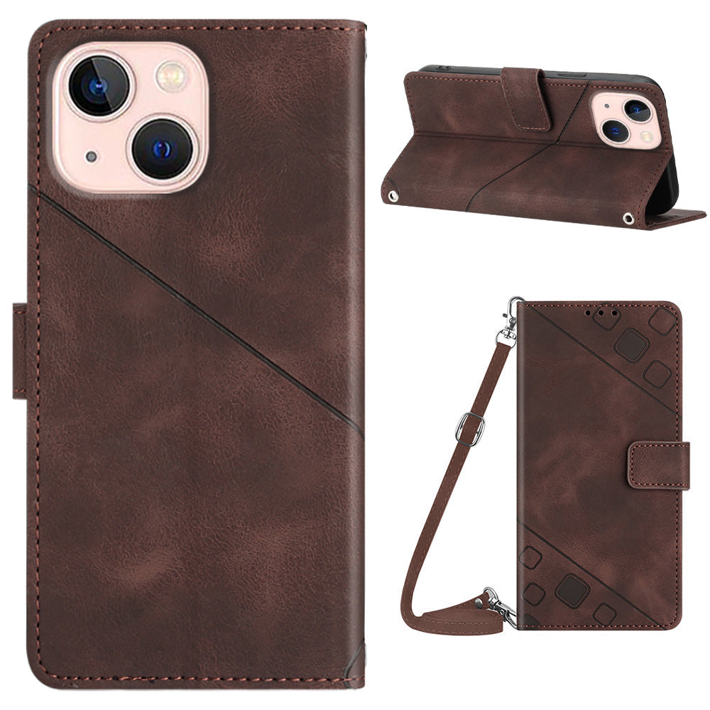 PT005 YB Imprinting Series-7 for iPhone 13 Stand Phone Leather Case Imprinted Lines Wallet Cover with Shoulder Strap PT005 YB Imprinting Series-7 for iPhone 13 Stand Phone Leather Case Imprinted Lines Wallet Cover with Shoulder Strap